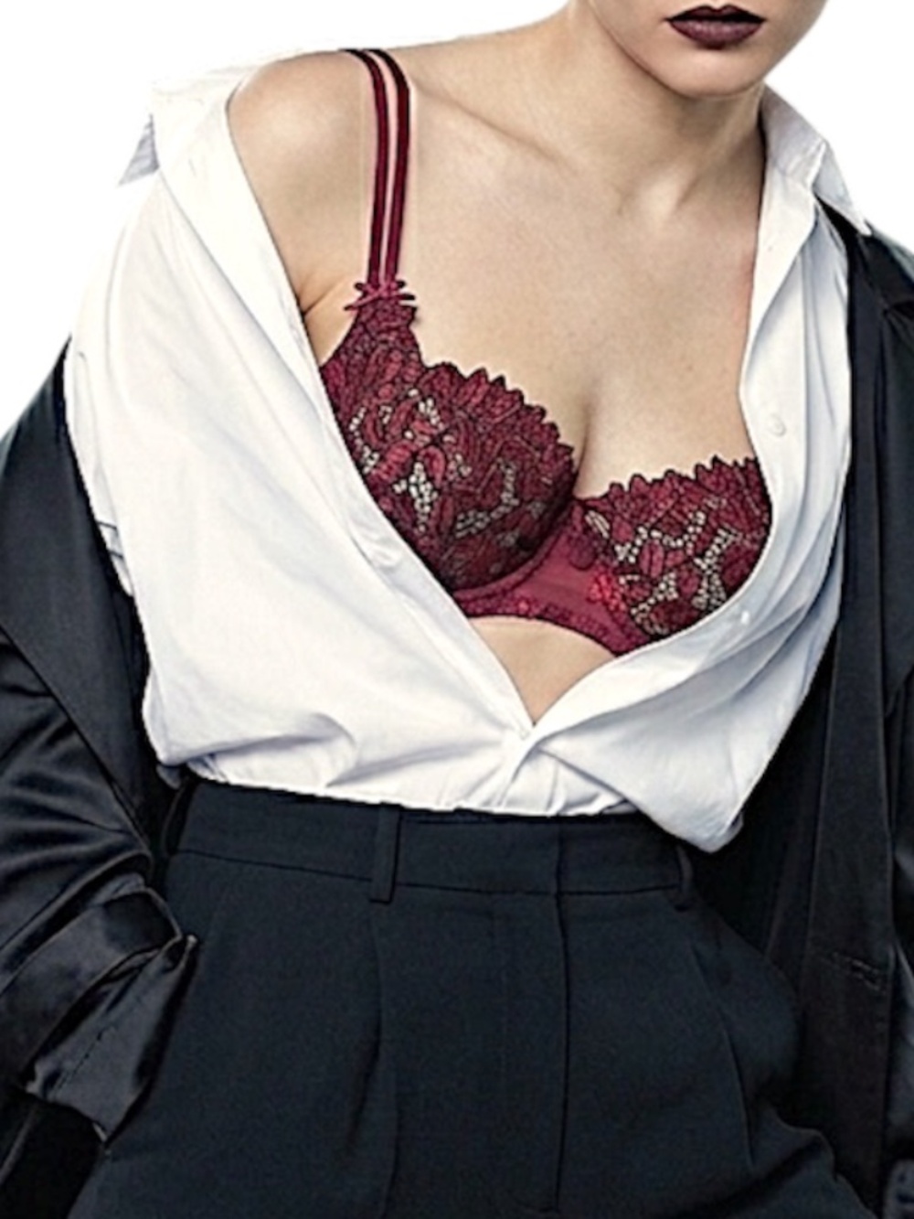 Aubade Paris burgundy navy French lace cup underwire balconette bra 36 B